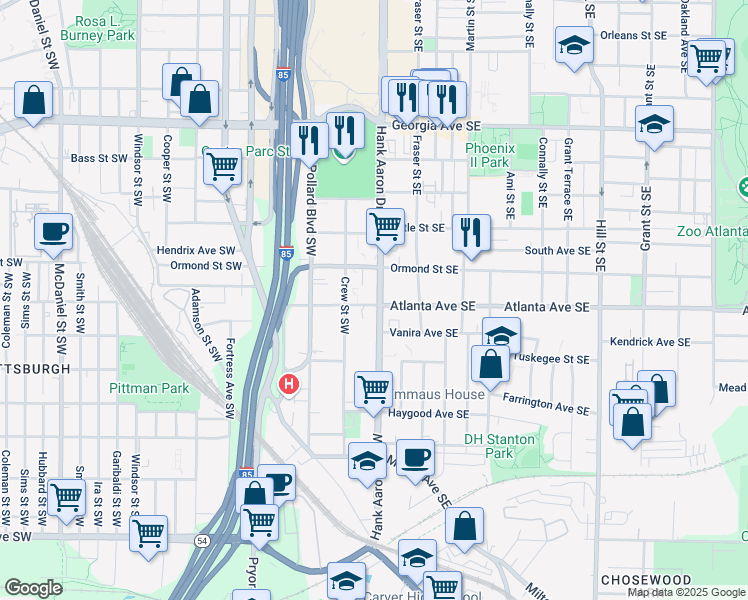 map of restaurants, bars, coffee shops, grocery stores, and more near 898 Crew Street Southwest in Atlanta