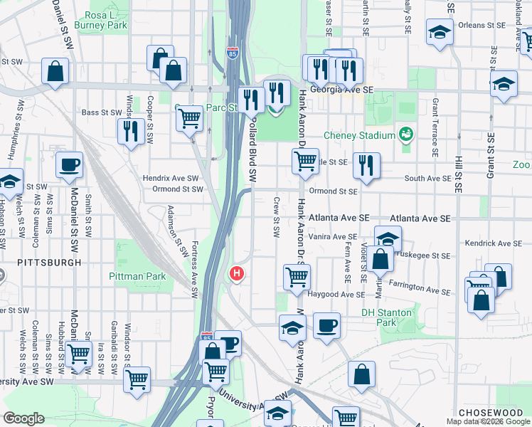 map of restaurants, bars, coffee shops, grocery stores, and more near 65 Atlanta Avenue Southwest in Atlanta