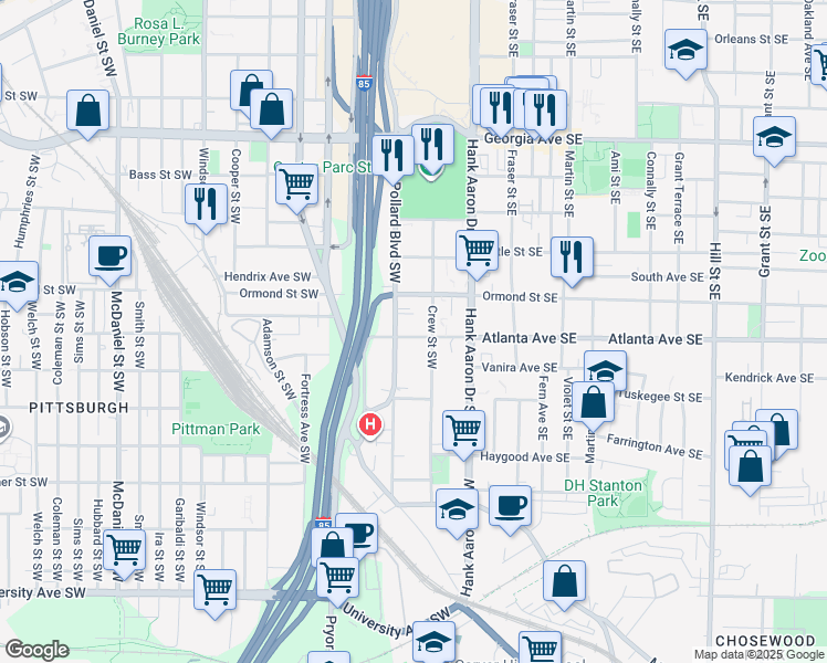 map of restaurants, bars, coffee shops, grocery stores, and more near 65 Atlanta Avenue Southeast in Atlanta