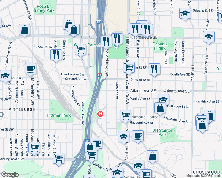 map of restaurants, bars, coffee shops, grocery stores, and more near 73 Atlanta Avenue Southwest in Atlanta