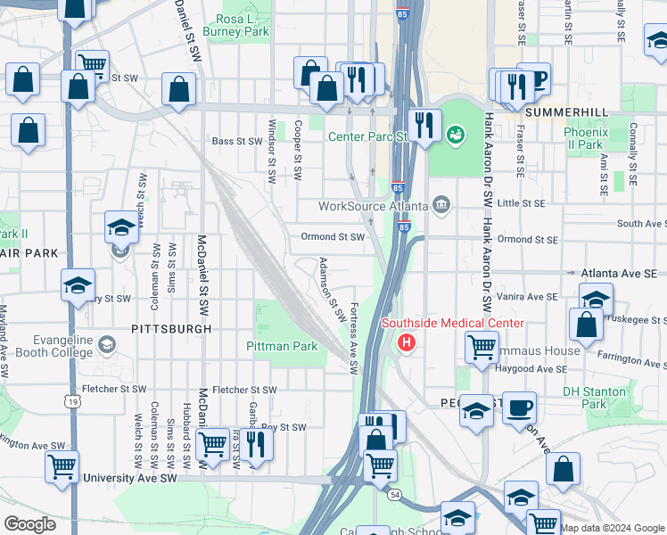 map of restaurants, bars, coffee shops, grocery stores, and more near 886 Adamson Street Southwest in Atlanta