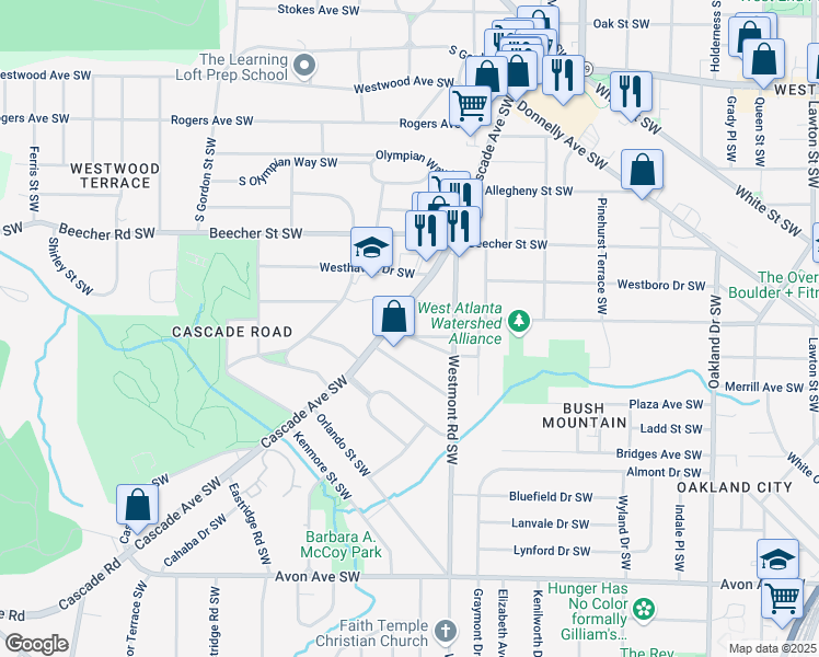 map of restaurants, bars, coffee shops, grocery stores, and more near 1575 Montreat Place Southwest in Atlanta