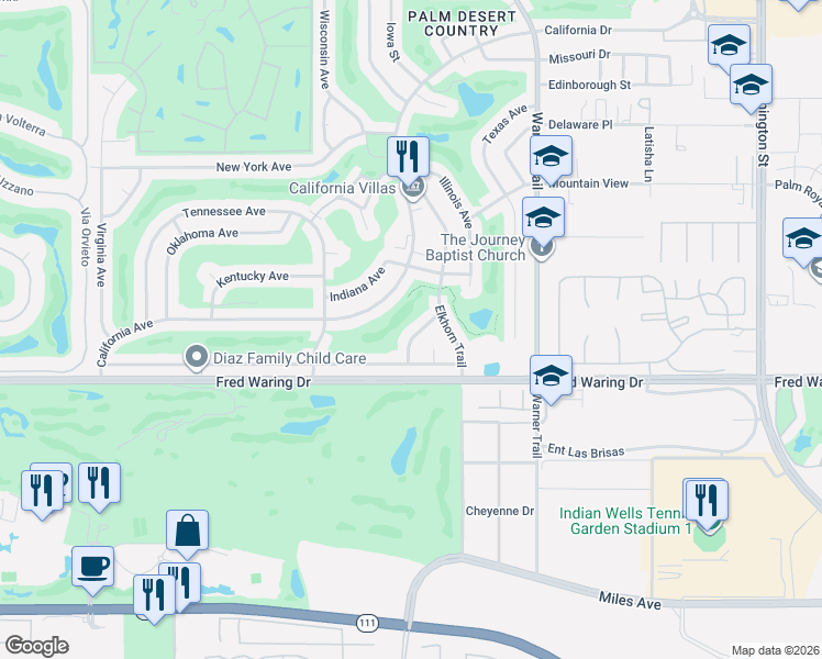 map of restaurants, bars, coffee shops, grocery stores, and more near 43705 Louisiana Street in Palm Desert