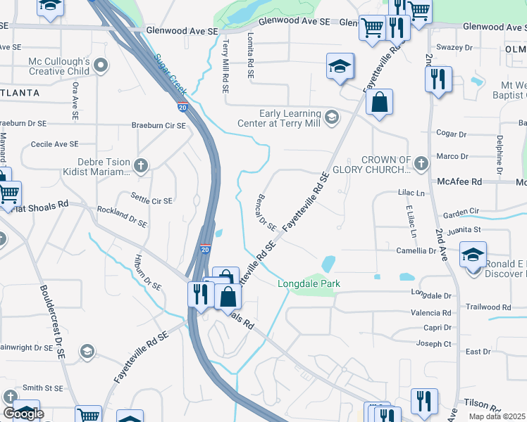 map of restaurants, bars, coffee shops, grocery stores, and more near 2080 Bencal Drive Southeast in Atlanta