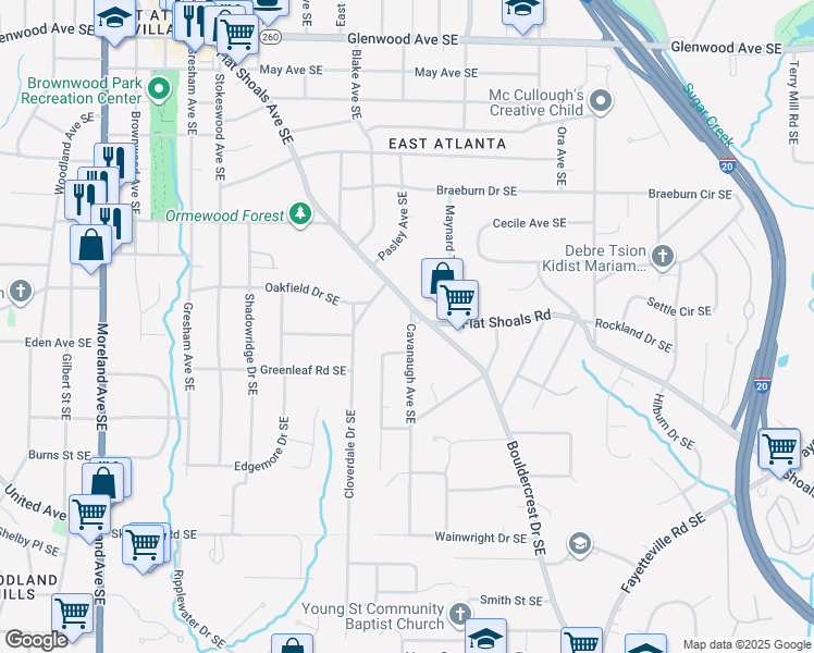 map of restaurants, bars, coffee shops, grocery stores, and more near 2071 Cavanaugh Avenue Southeast in Atlanta
