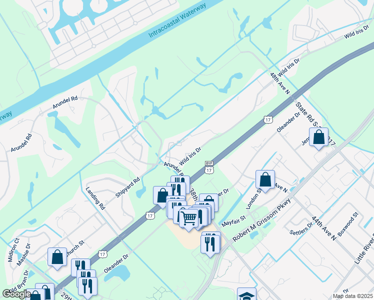 map of restaurants, bars, coffee shops, grocery stores, and more near 124 Myrtle Pointe Drive in Myrtle Beach