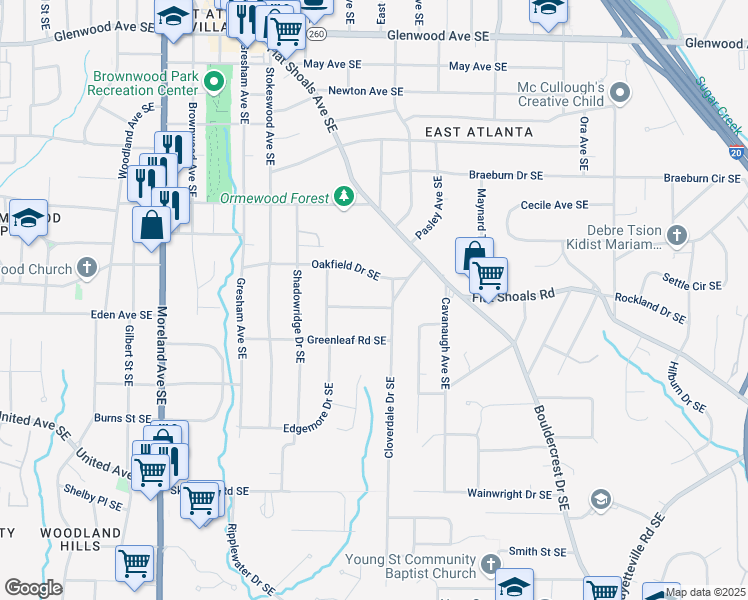 map of restaurants, bars, coffee shops, grocery stores, and more near 1222 Crestwood Drive Southeast in Atlanta