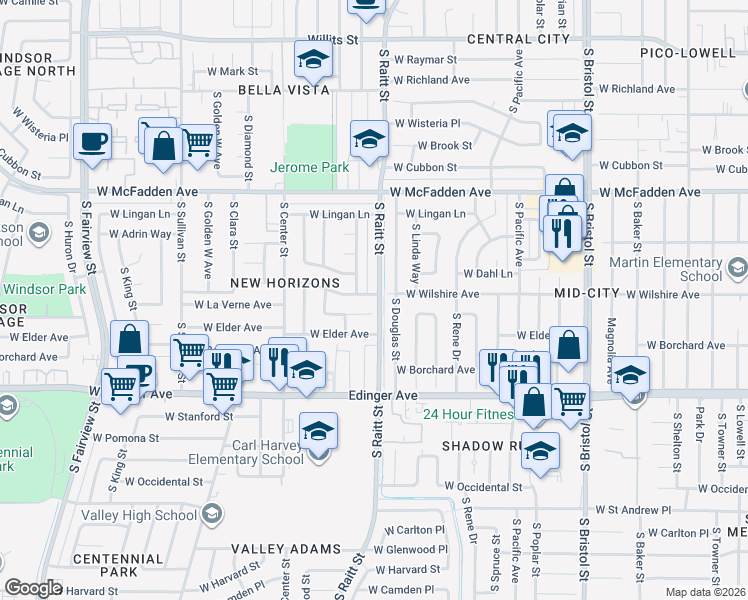 map of restaurants, bars, coffee shops, grocery stores, and more near 1912 West Wilshire Avenue in Santa Ana