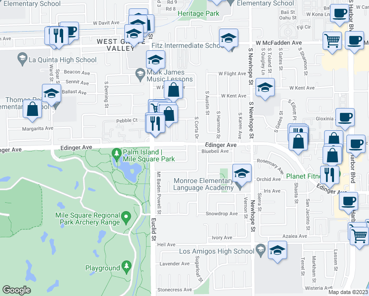 map of restaurants, bars, coffee shops, grocery stores, and more near 11169 Flower Avenue in Fountain Valley