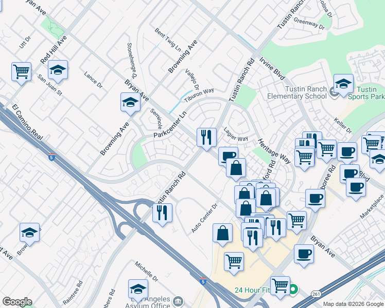 map of restaurants, bars, coffee shops, grocery stores, and more near 2346 Redwood Drive in Tustin