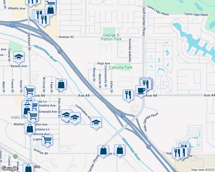 map of restaurants, bars, coffee shops, grocery stores, and more near 43846 Commanche Street in Indio