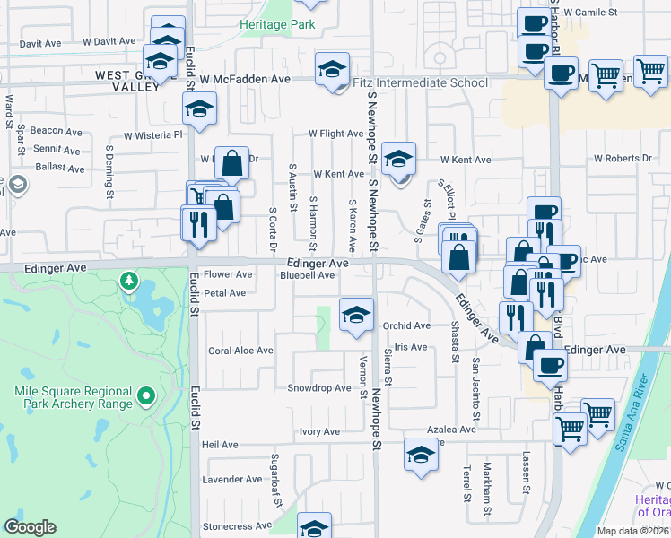 map of restaurants, bars, coffee shops, grocery stores, and more near 16030 Washburn Street in Fountain Valley