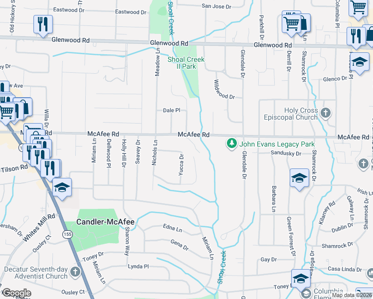map of restaurants, bars, coffee shops, grocery stores, and more near 2044 Yucca Drive in Decatur