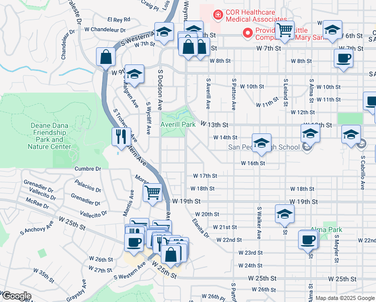 map of restaurants, bars, coffee shops, grocery stores, and more near 1502 South Weymouth Avenue in Los Angeles