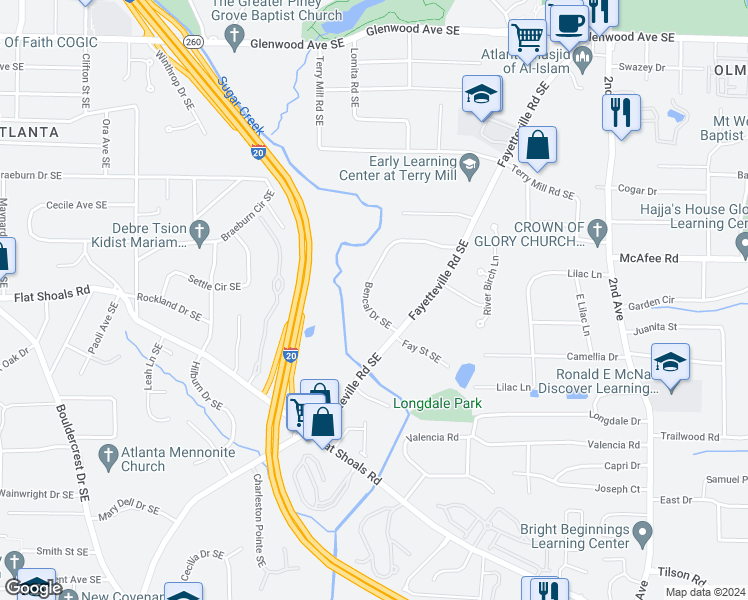 map of restaurants, bars, coffee shops, grocery stores, and more near 2062 Bencal Drive Southeast in Atlanta