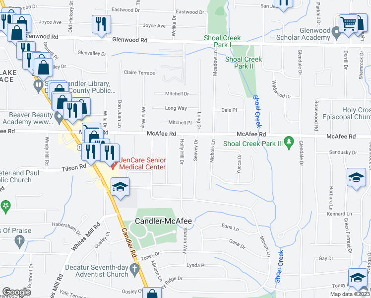 map of restaurants, bars, coffee shops, grocery stores, and more near 2044 Holly Hill Drive in Decatur