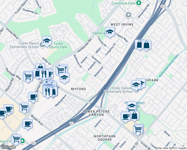 map of restaurants, bars, coffee shops, grocery stores, and more near 53 Robinson Drive in Irvine