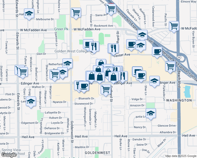 map of restaurants, bars, coffee shops, grocery stores, and more near 7225 Edinger Avenue in Huntington Beach