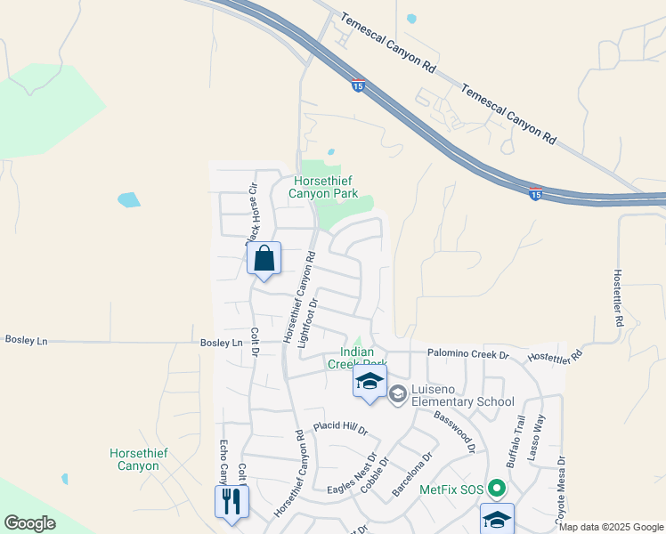 map of restaurants, bars, coffee shops, grocery stores, and more near 13342 Cloudburst Drive in Corona