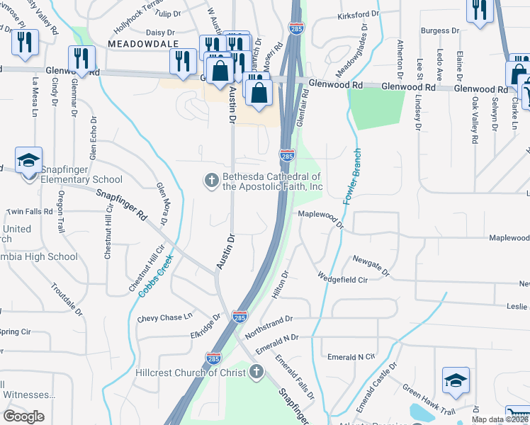 map of restaurants, bars, coffee shops, grocery stores, and more near 3869 Easterwood Court in Decatur