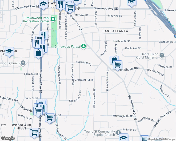 map of restaurants, bars, coffee shops, grocery stores, and more near 1212 Crestwood Drive Southeast in Atlanta