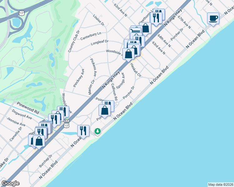 map of restaurants, bars, coffee shops, grocery stores, and more near 306 Calhoun Road in Myrtle Beach
