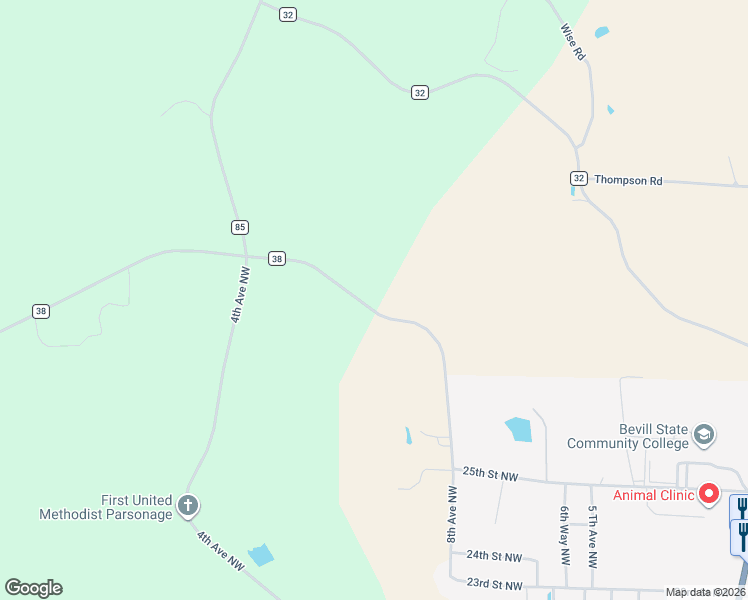 map of restaurants, bars, coffee shops, grocery stores, and more near 3080 County Road 38 in Fayette