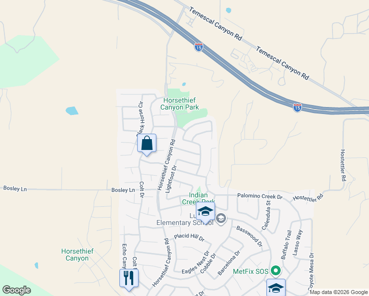 map of restaurants, bars, coffee shops, grocery stores, and more near 13342 Cloudburst Drive in Corona