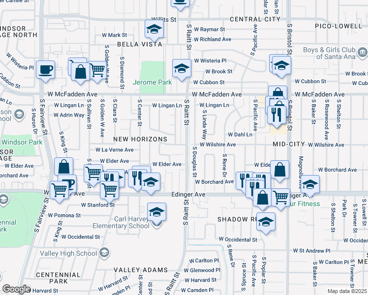 map of restaurants, bars, coffee shops, grocery stores, and more near 1912 West Wilshire Avenue in Santa Ana