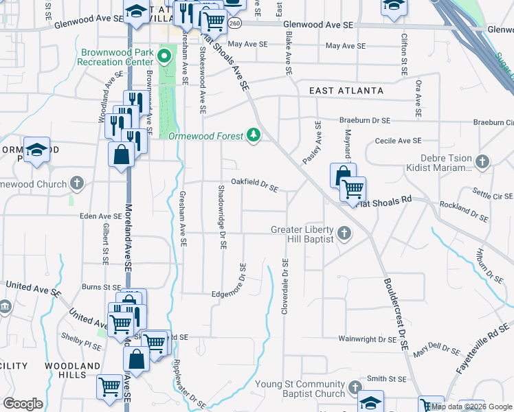 map of restaurants, bars, coffee shops, grocery stores, and more near 1196 Crestwood Drive Southeast in Atlanta