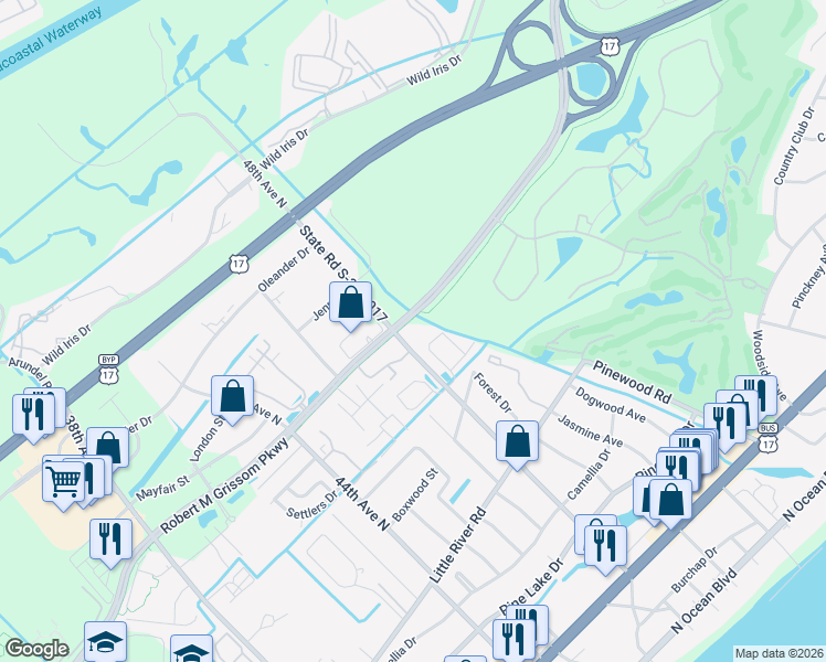 map of restaurants, bars, coffee shops, grocery stores, and more near 950 48th Avenue North in Myrtle Beach