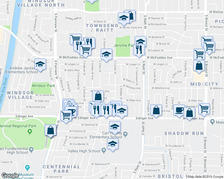 map of restaurants, bars, coffee shops, grocery stores, and more near 2205 West La Verne Avenue in Santa Ana