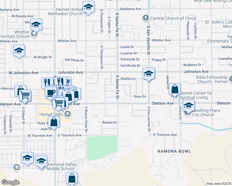 map of restaurants, bars, coffee shops, grocery stores, and more near 893 Margaret Avenue in Hemet