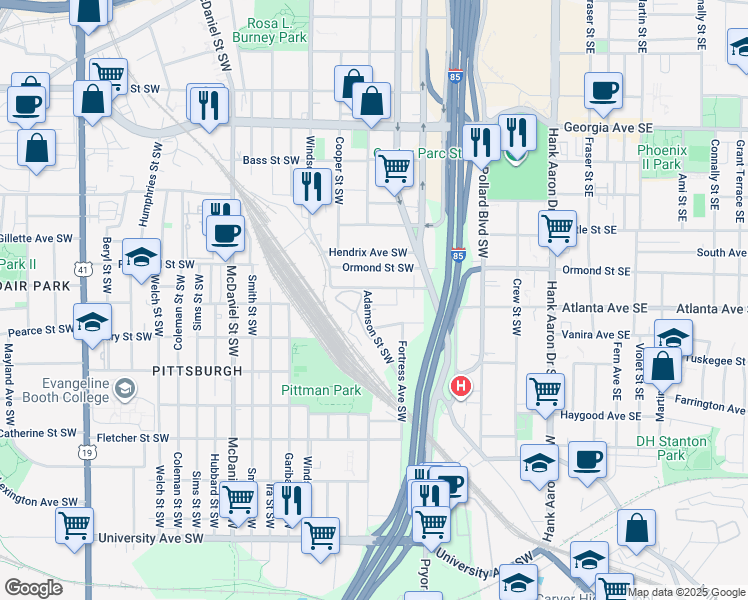 map of restaurants, bars, coffee shops, grocery stores, and more near 886 Adamson Street Southwest in Atlanta
