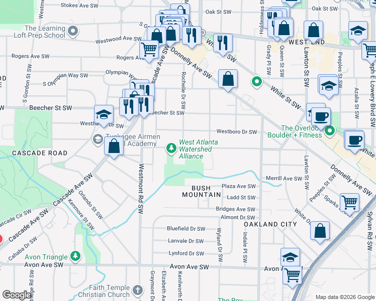 map of restaurants, bars, coffee shops, grocery stores, and more near 1398 Richland Road Southwest in Atlanta