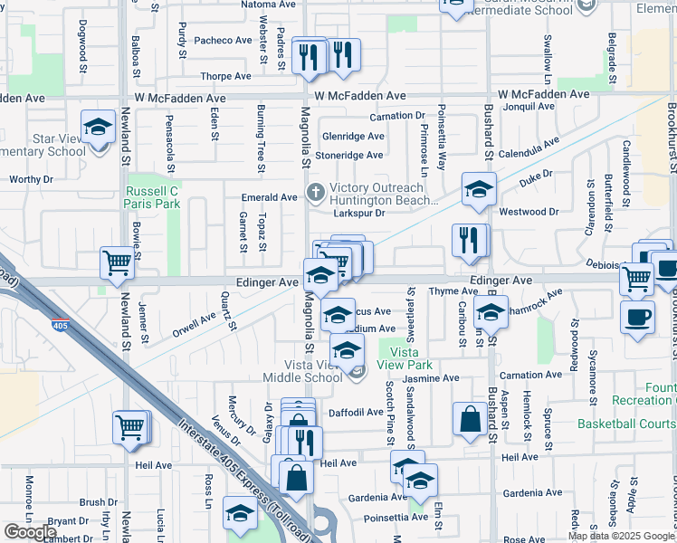 map of restaurants, bars, coffee shops, grocery stores, and more near 9091 Edinger Avenue in Westminster