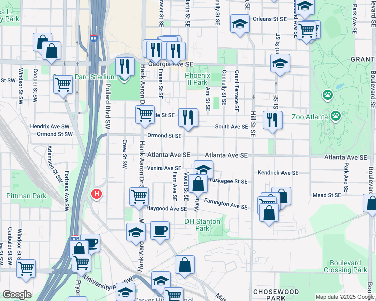 map of restaurants, bars, coffee shops, grocery stores, and more near 118 Atlanta Avenue Southeast in Atlanta