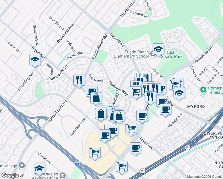 map of restaurants, bars, coffee shops, grocery stores, and more near 13301 Myford Road in Tustin