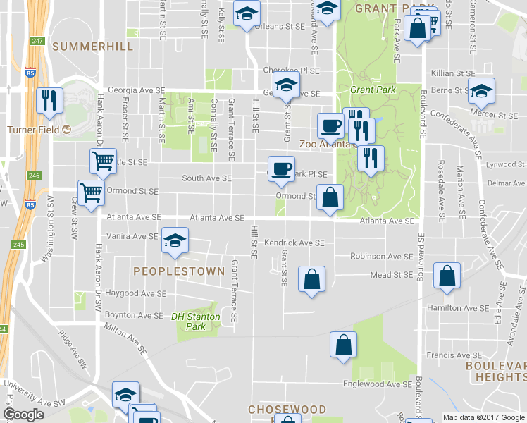 map of restaurants, bars, coffee shops, grocery stores, and more near 302 Atlanta Avenue Southeast in Atlanta