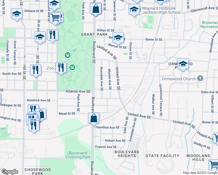 map of restaurants, bars, coffee shops, grocery stores, and more near 654 Atlanta Avenue Southeast in Atlanta