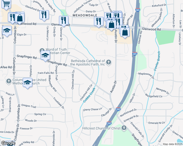 map of restaurants, bars, coffee shops, grocery stores, and more near 3761 Glen Mora Drive in Decatur