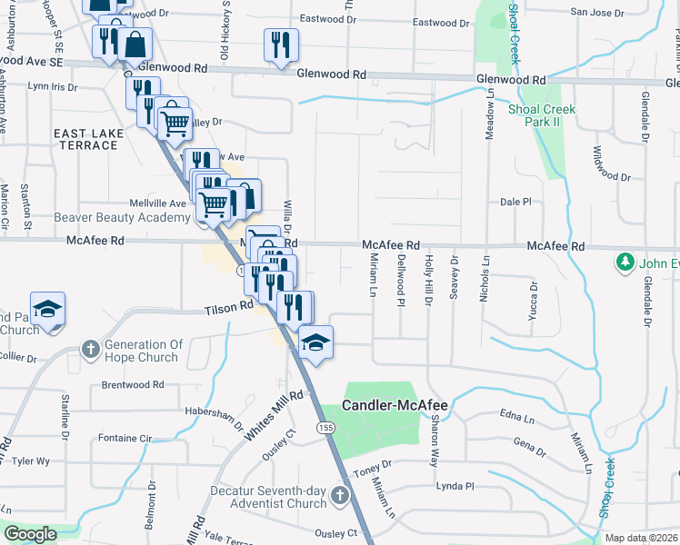map of restaurants, bars, coffee shops, grocery stores, and more near 2052 Nettie Court in Decatur