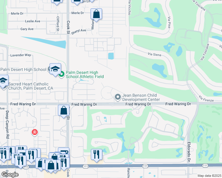 map of restaurants, bars, coffee shops, grocery stores, and more near 75356 Yellow Sage Court in Palm Desert
