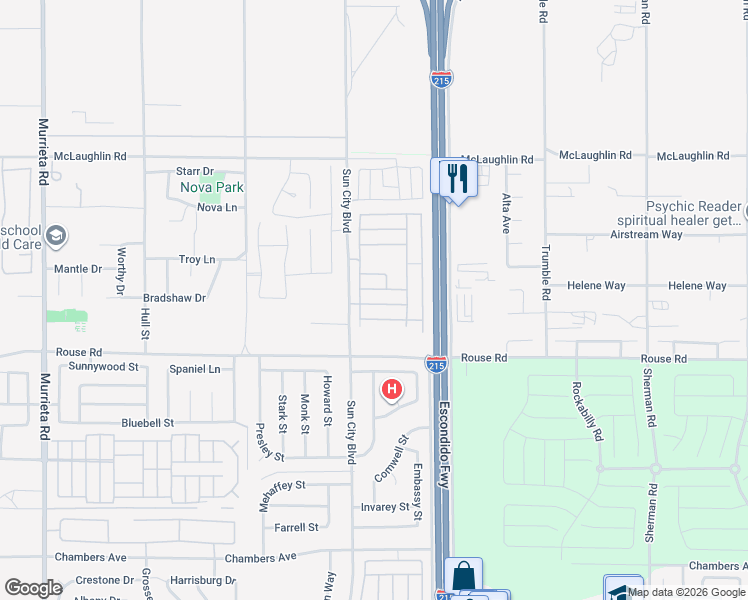 map of restaurants, bars, coffee shops, grocery stores, and more near 26824 Ole Lane in Menifee