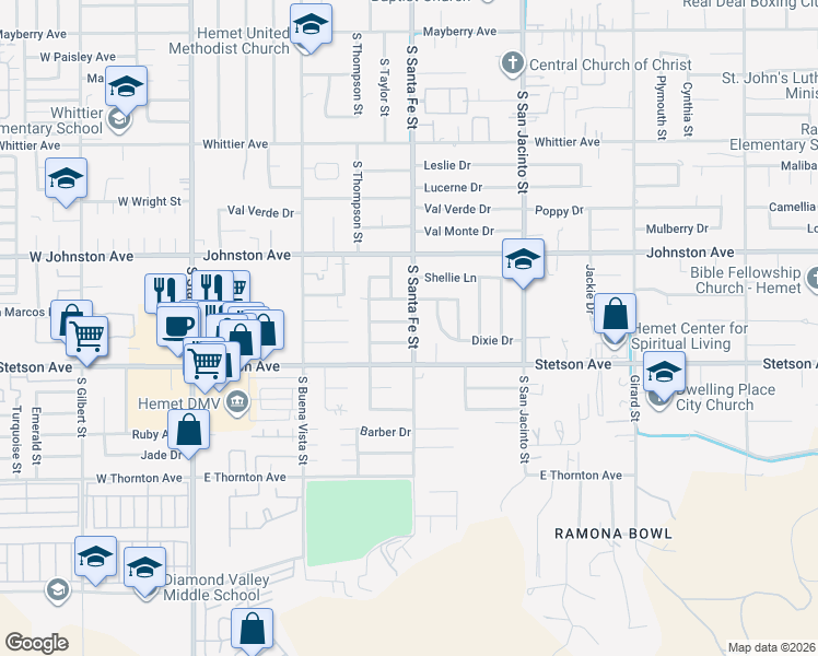 map of restaurants, bars, coffee shops, grocery stores, and more near 893 Margaret Avenue in Hemet