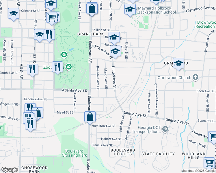map of restaurants, bars, coffee shops, grocery stores, and more near 654 Atlanta Avenue Southeast in Atlanta