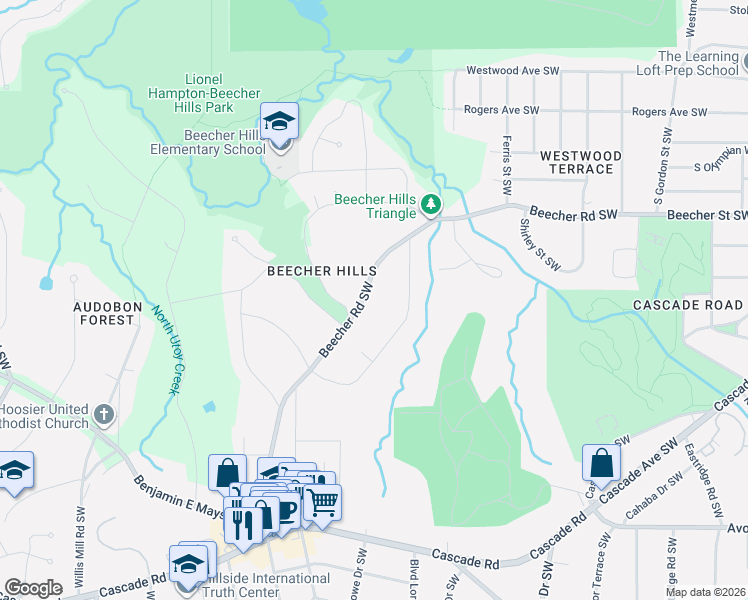 map of restaurants, bars, coffee shops, grocery stores, and more near 2099 Highview Road Southwest in Atlanta