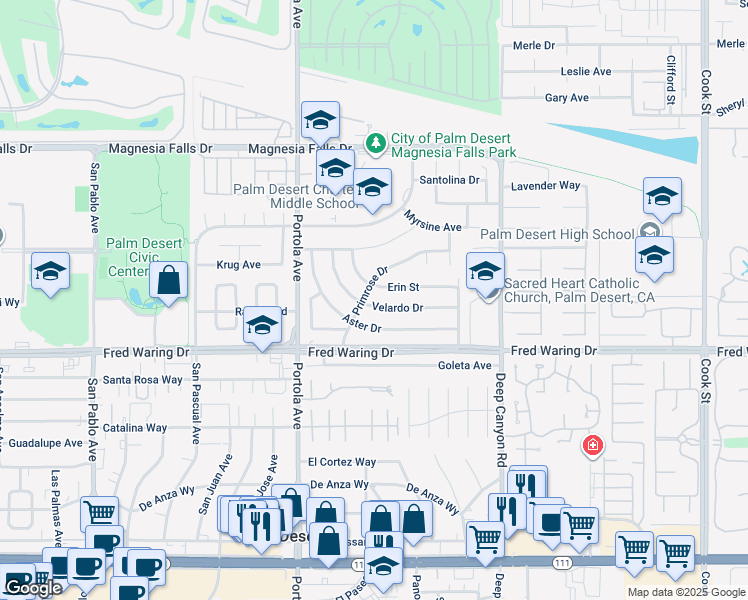 map of restaurants, bars, coffee shops, grocery stores, and more near 74150 Velardo Drive in Palm Desert
