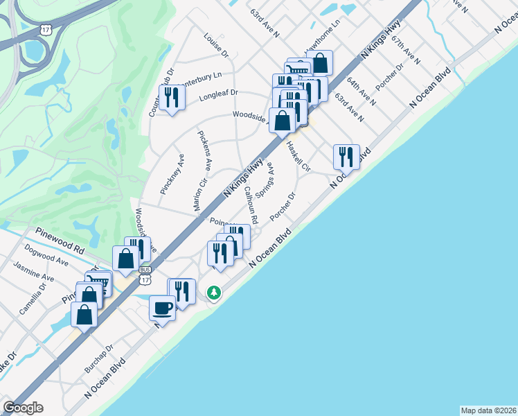 map of restaurants, bars, coffee shops, grocery stores, and more near 306 Calhoun Road in Myrtle Beach