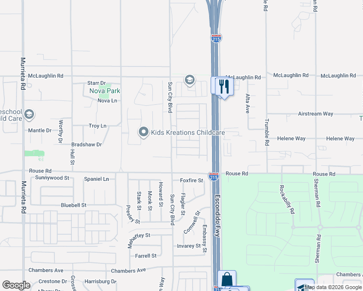 map of restaurants, bars, coffee shops, grocery stores, and more near 26804 Ole Lane in Menifee
